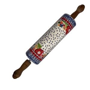 The Pioneer Woman Rolling Pin Ceramic Floral Blue White Wood Handle